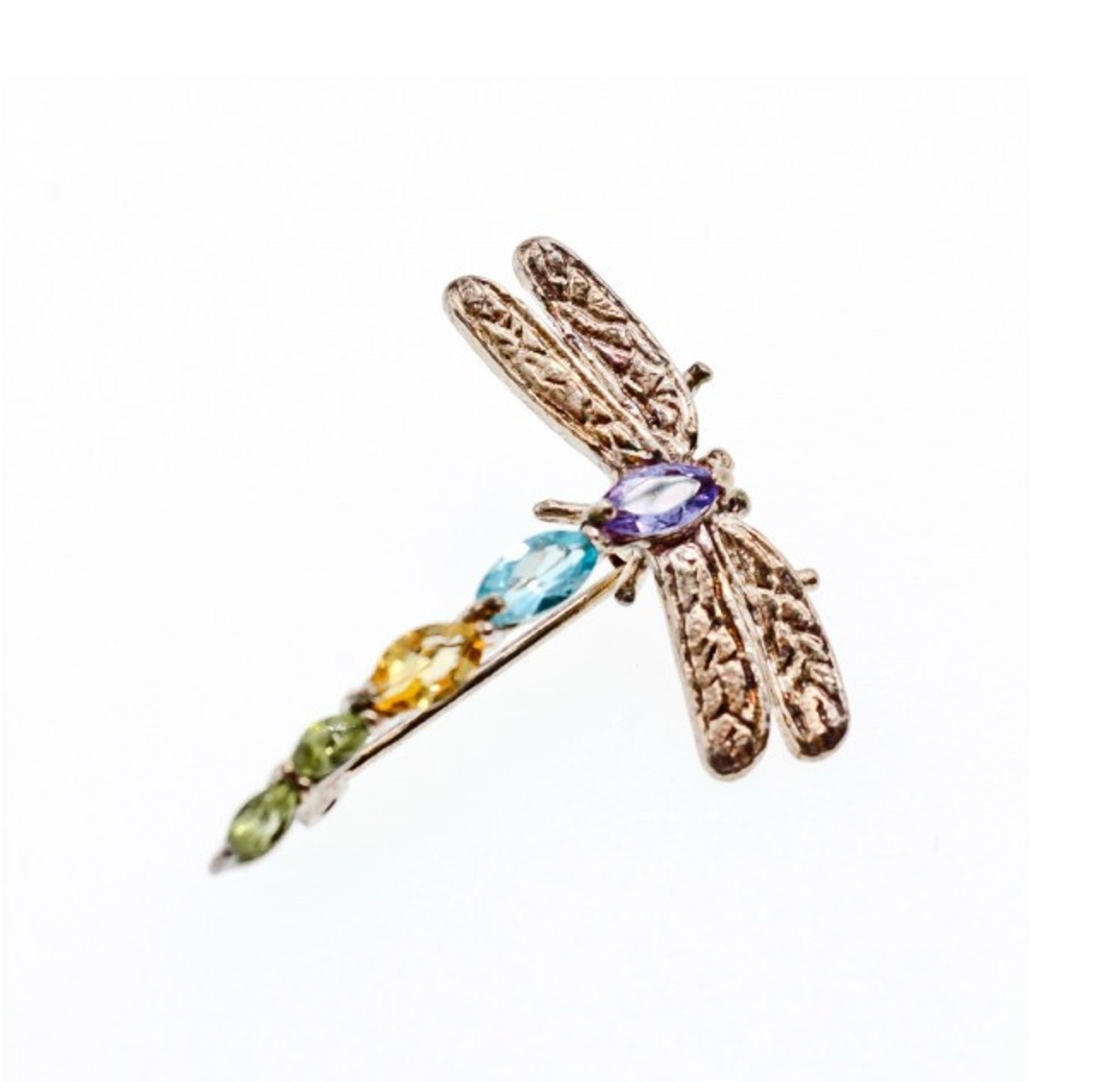 925 Sterling Silver Multi Gemstones "Dragonfly" Brooch